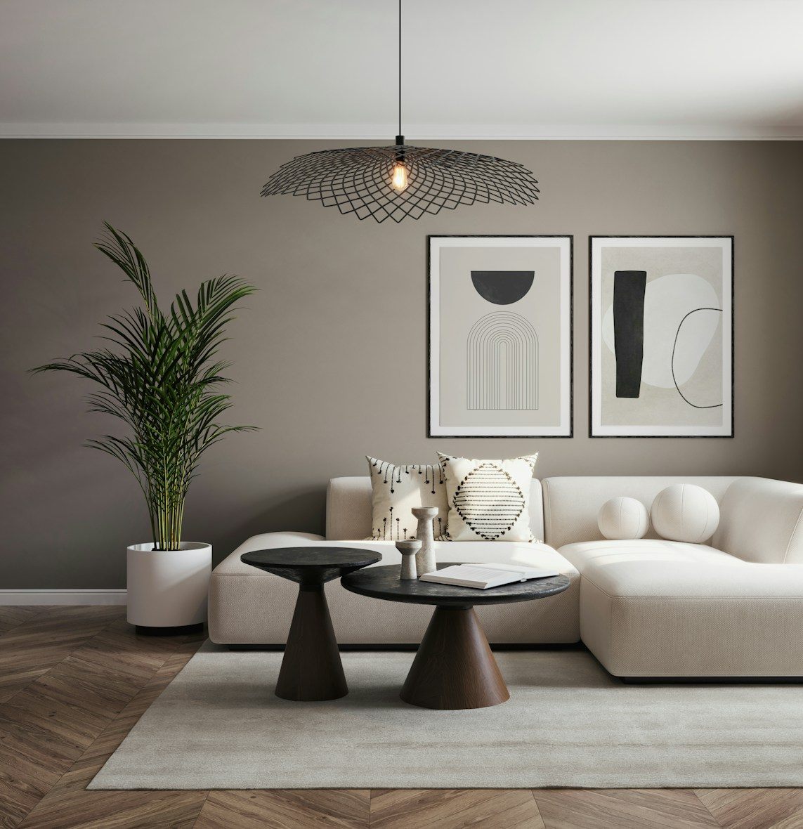 Neutral living room with plant and artwork